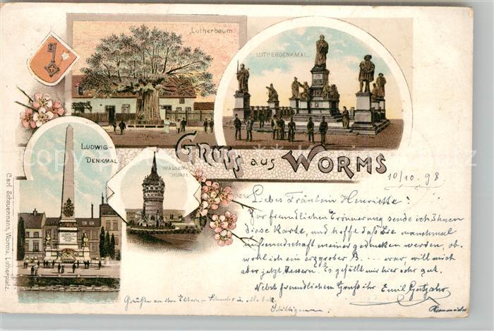 Worms Rhein Lutherbaum Ludwigdenkmal Wasserturm Lutherdenkmal Litho