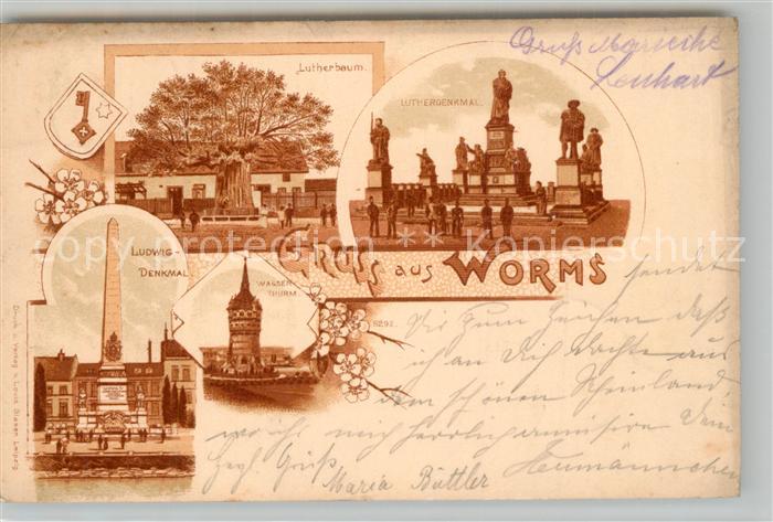 Worms Rhein Ludwigdenkmal Lutherbaum Wasserturm Lutherdenkmal Litho