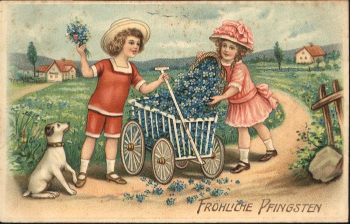 Pfingsten Pentecost Pentecote Bollerwagen Kinder Hund Blumen