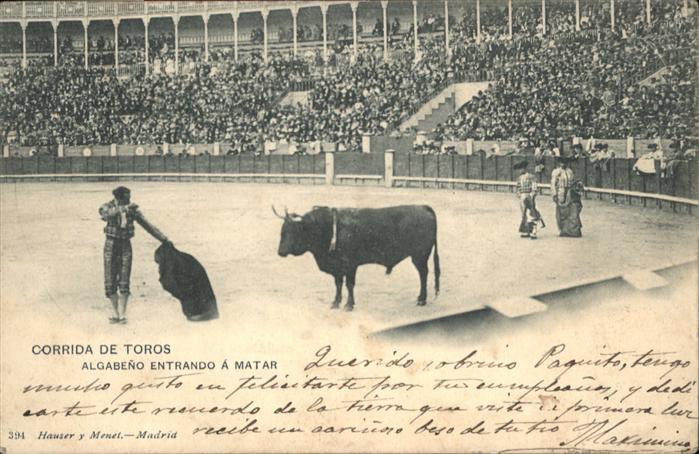 Stierkampf Corrida de Toros Algabeno Entrando a Ma
