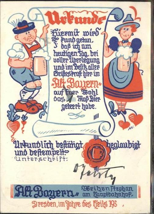 DRESDEN Elbe Urkunde Bierkrug Weihenstephan Alt-Bayern Trachten