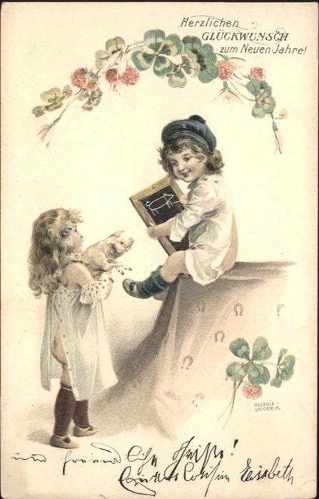 Schultafel Neujahr Schwein Kinder Kleeblätter