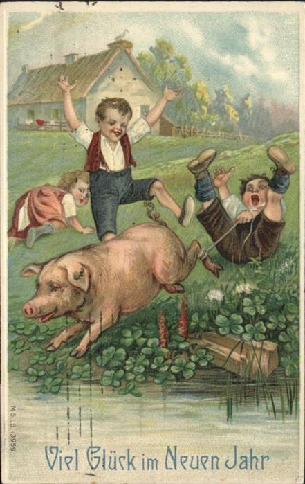 Neujahr Schwein Kinder Kleeblätter