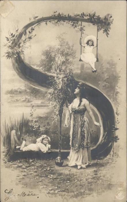 Buchstabenkarte S Frau Kinder Schaukel