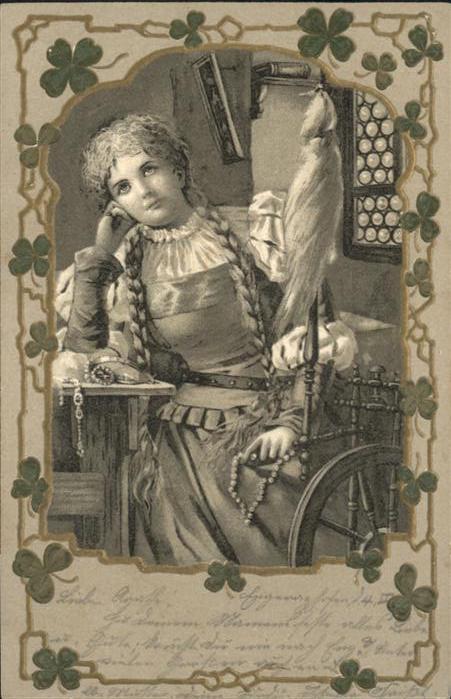 Spinnen Handwerk Mädchen Kleeblätter Spindel