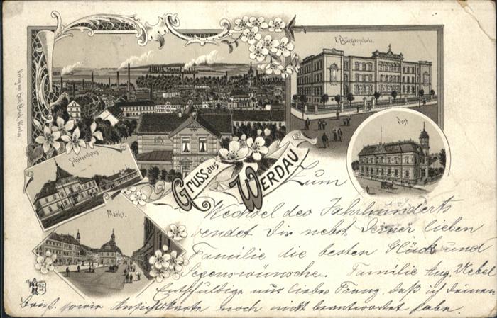 Werdau Schule Post Schützenhaus Markt Litho
