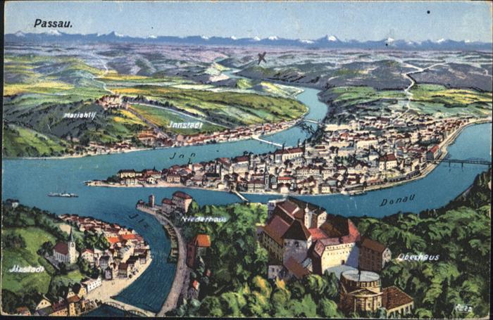 PAssAU Bayern Panoramakarte Inn Donau Ilz