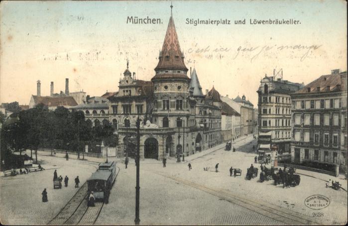 Muenchen Bayern Stiglmaierplatz Loewenbraeukeller Strassenbahn Kutsche