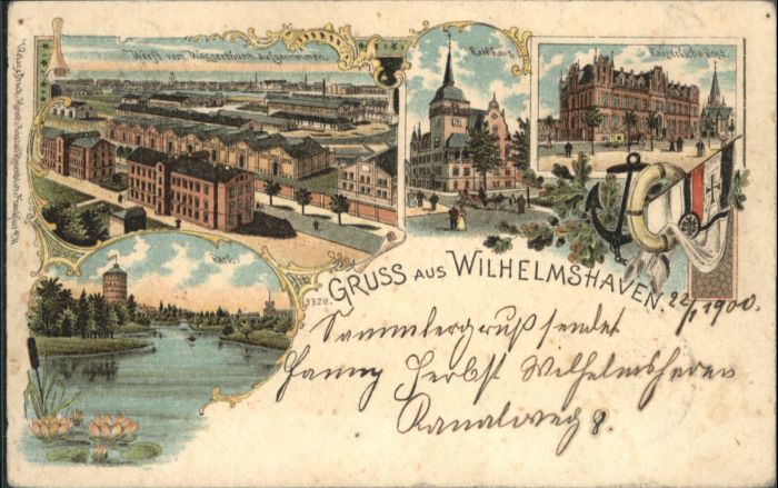 Wilhelmshaven Werft Rathaus Post Fahne Park Litho