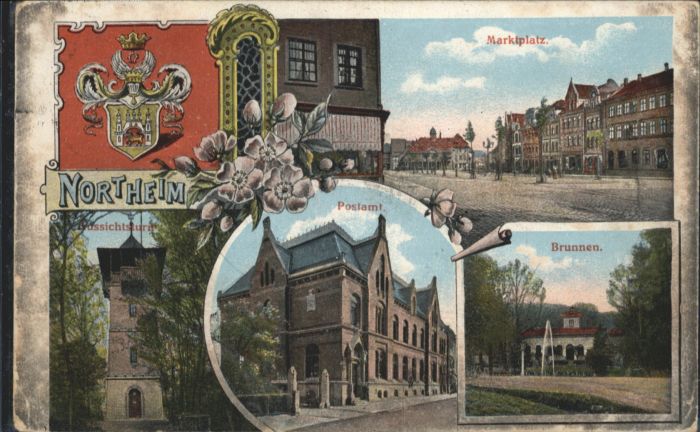 Northeim Marktplatz Postamt Turm Brunnen Wappen