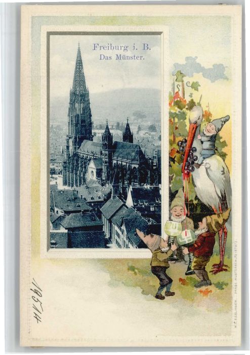 Freiburg Breisgau Münster Zwerge Storch Prägedruck *