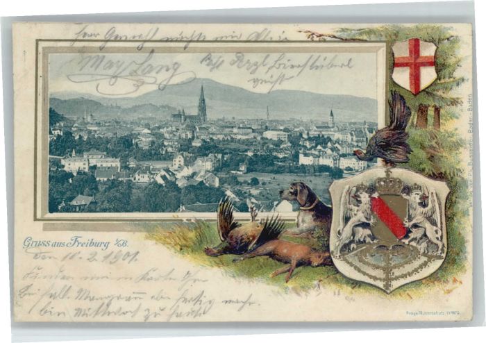 Freiburg Breisgau Jagdhund Fasan Jagdbild Wappen Prägedru