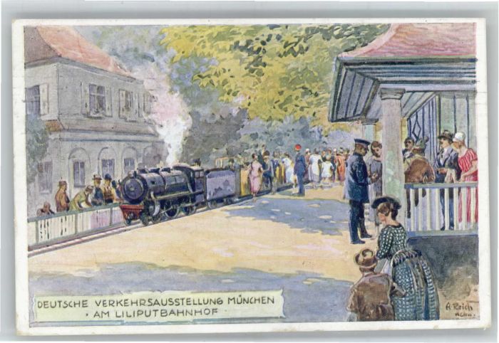 Muenchen Bayern eutsche Verkehrsausstellung Liliputbahnhof Kuenstler A. Reich x