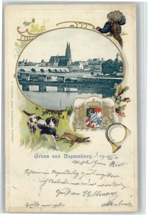 Regensburg Jagdhund Fasan Wappen  Prägedruck