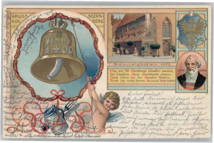 Nuernberg rägedruckkarte Bratwurstglocke Hans Sac