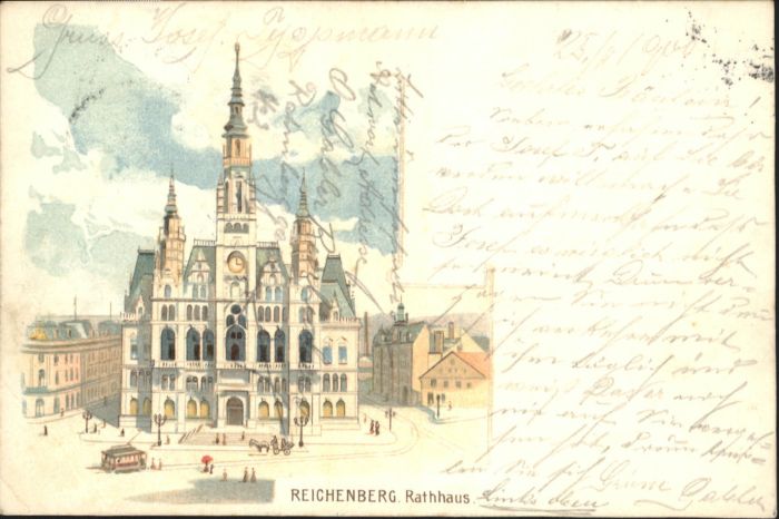 Reichenberg Liberec Boehmen Rathaus Strassenbahn Litho