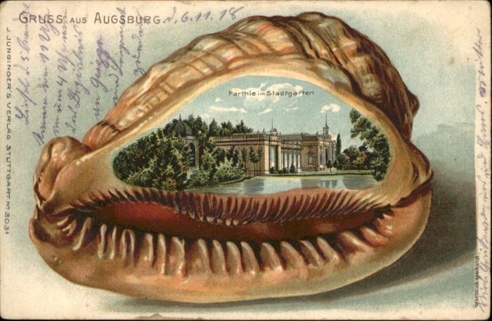 Augsburg Stadtgarten Muschel Prägedruckkarte