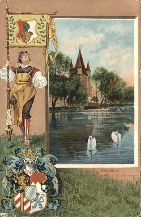 Augsburg Künstler K. Wolf Fünfgradturm Wappen x