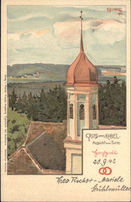 AUGSBURG  CITY Kuenstler H. Schnegg Kobel Turm Karte von ca 1900