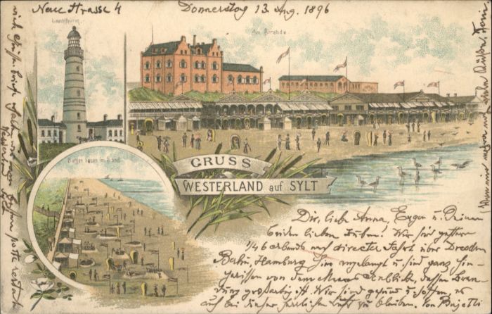 Westerland Sylt Strand Leuchtturm Litho