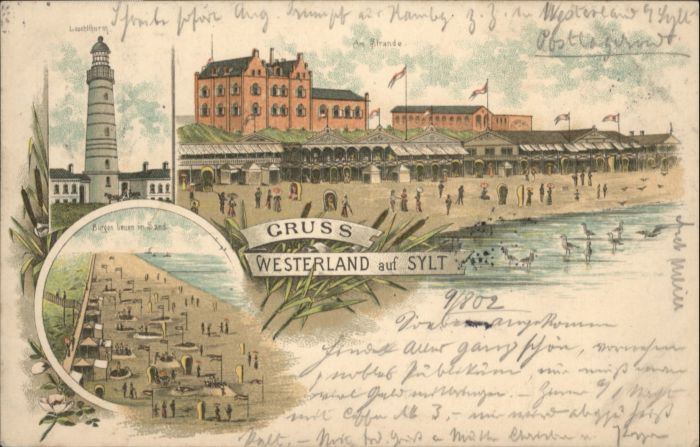 Westerland Sylt Leuchtturm Strand Litho