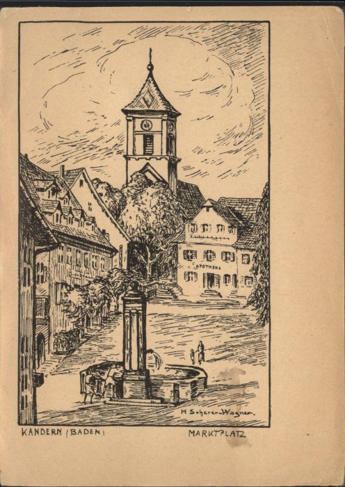 Kandern Baden BW Marktplatz Brunnen Kirche Kuenstler M Scherer Wagner