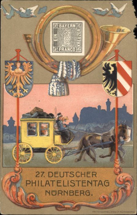NueRNBERG CITY Philatelistentag Wappen Pferdekutsche Voegel