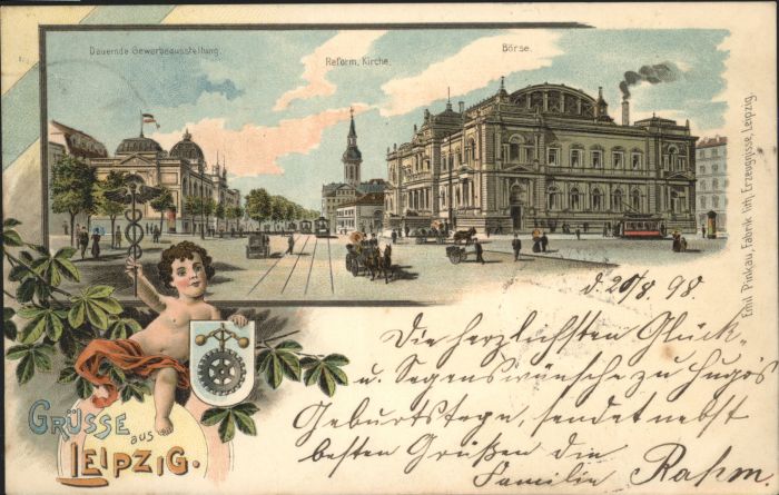 Leipzig Kirche Börse Kutsche Strassenbahn