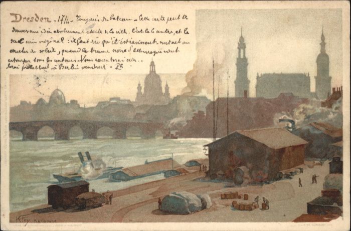 DRESDEN Elbe Bruecke Schiff Kuenstler Kley