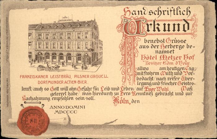 Koeln Rhein Urkunde Hotel Metzer Hof