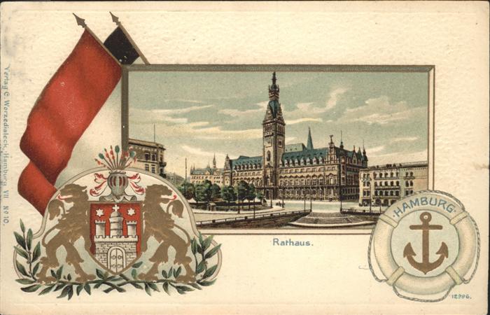 Hamburg Rathaus Wappen Fahnen Prägedruck