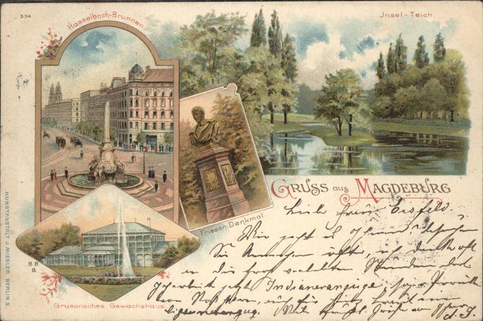 Magdeburg Insel Teich Hasselbach Brunnen, Grusoni