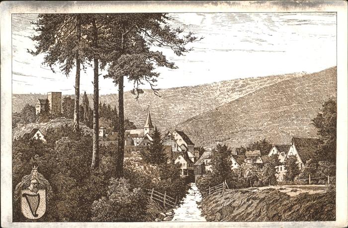 Neckarsteinach Oberburg Kuenstlerkarte Federzeichnung