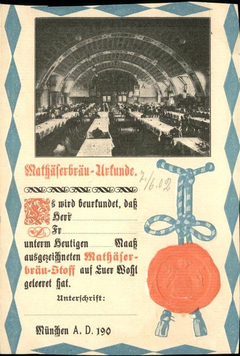 Muenchen Bayern Hofbraeuhaus Urkunde Praegedruck