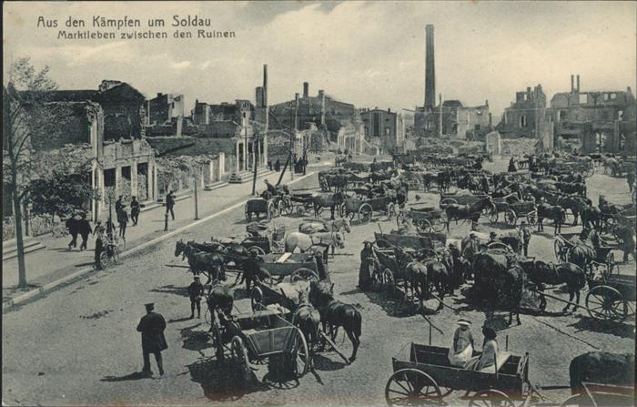 Soldau Ostpreussen Kämpfen Kutschen, Marktleben, Ruinen