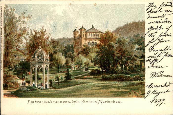 Marienbad Tschechien Boehmen Ambrosiusbrunnen und kath Kirche