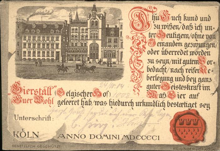 Koeln Bierstall Urkunde Belgischer Hof