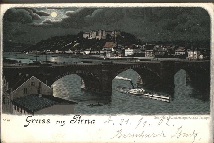 Pirna Elbe Sachsen Bei Nacht Schiffe Kuenstlerkarte
