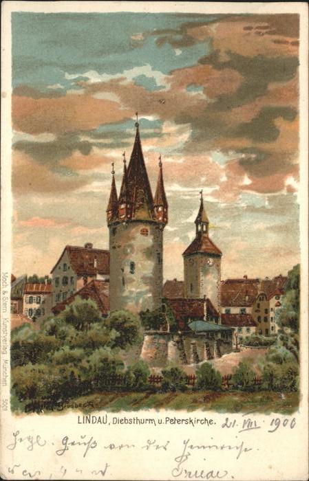 Lindau Bodensee Diebsthurm und Peterskirche Künstlerkar