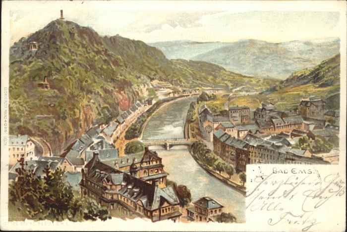 Bad Ems Panorama Lahn Brücke Künstlerkarte