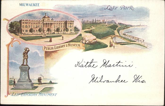 Milwaukee Wisconsin Leif Erickson Monument Public Library Museum Lake Park Litho