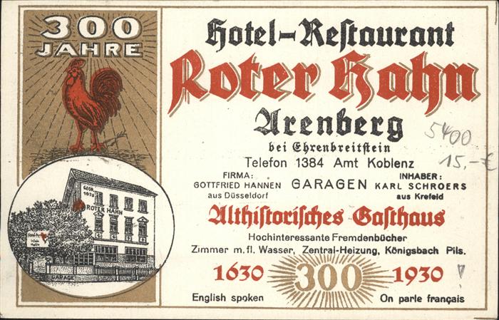 Arenberg Koblenz Hotel Restaurant Roter Hahn Historisches Gasthaus