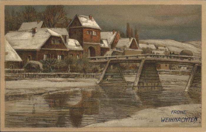 Pforzheim Partie am Fluss Bruecke Weihnachtskarte Kuenstlerkarte