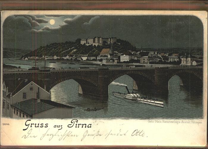 Pirna Elbe Sachsen Panorama im Mondschein Elbe Bruecke Schiff