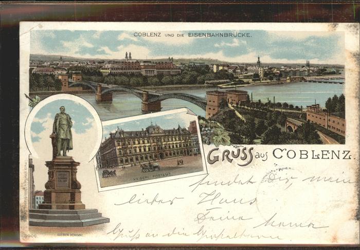 Coblenz Koblenz Panorama mit Eisenbahnbruecke Rhein Kaiserliches Postamt Denkmal