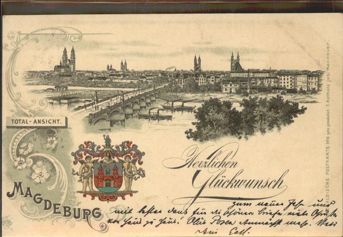 Magdeburg Totalansicht Elbe Brücke Wappen