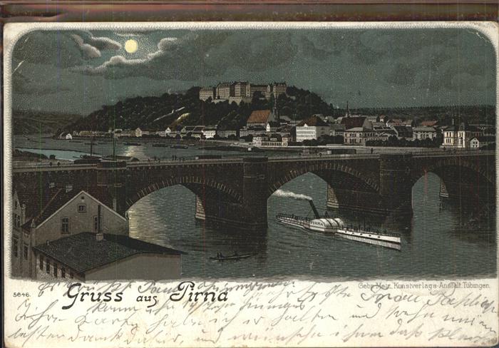 Pirna Elbe Sachsen Panorama im Mondschein mit Schloss Sonnenstein Bruecke Dampf