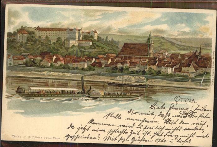 Pirna Elbe Sachsen Teilansicht mit Schloss Sonnenstein Kirche Elbe Dampfer