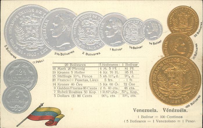 Muenze auf Ak Venezuela Fahne