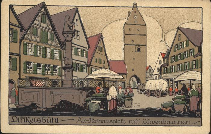 Kuenstlersteinzeichnung Dinkelsbuehl Alt-Rathausplatz Loewenbrunnen